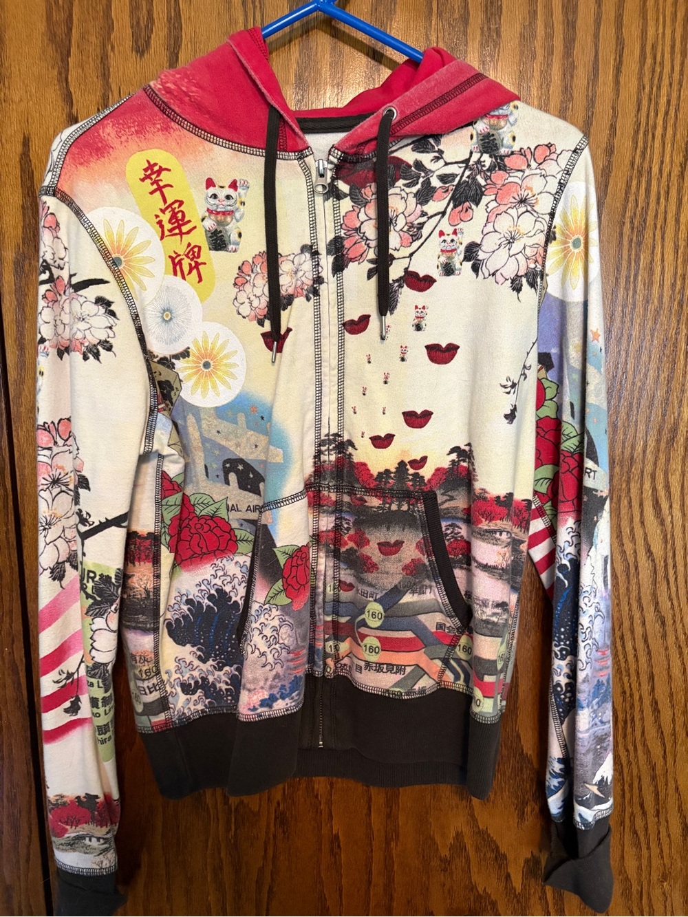 Lucky Brand Multicolor Graphic Zip Hoodie — Red, Cream, Black, Blue